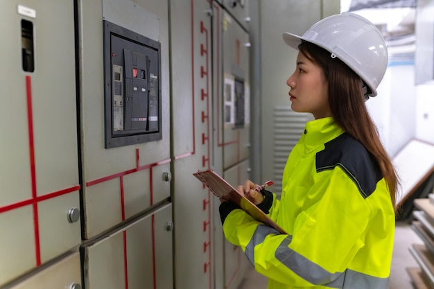 Photo ingénieur électricien asiatique tenant un presse-papiers pour vérifier et surveiller le système électrique dans la salle de contrôle technicien thaïlandais travaillant