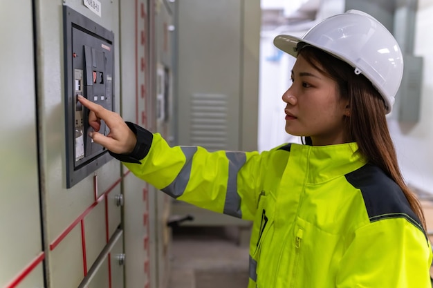 Ingénieur électricien asiatique tenant un presse-papiers pour vérifier et surveiller le système électrique dans la salle de contrôle Technicien thaïlandais travaillant