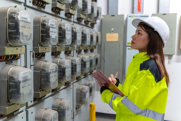 Ingénieur électricien asiatique tenant un presse-papiers pour vérifier et surveiller le système électrique dans la salle de contrôle Technicien thaïlandais travaillant