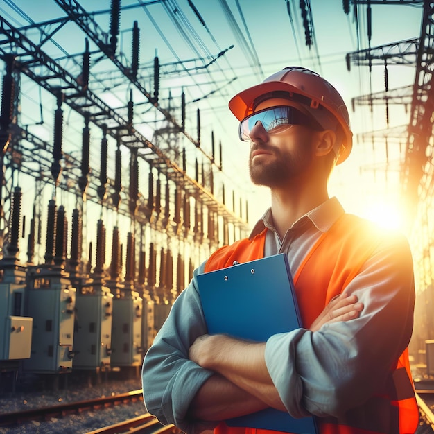 ingénieur électricien sur le fond des fils à haute tension