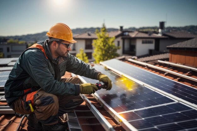 Ingénieur électricien installant des panneaux solaires sur le toit pour une énergie verte renouvelable alternative