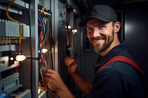 Ingénieur électricien répare le câble de connexion électrique du tableau Homme en casque uniforme inspecte l'entretien de la prise de l'interrupteur panneau de disjoncteur répare le système de fusibles électriques Service à domicile Panne de courant