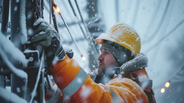 ingénieur électricien travailleur dans une violente tempête de neige