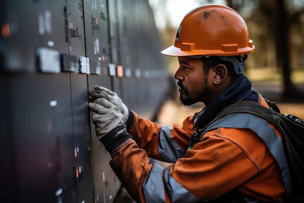 Photo ingénieur électricien vérifiant l'armoire de distribution d'électricité dans la salle de contrôle