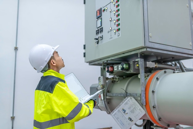 Ingénieur électricien vérifiant la tension à l'armoire de distribution électrique dans la salle de contrôlemaintenance préventive