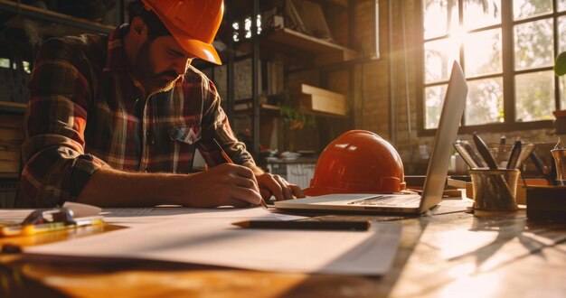 un ingénieur est assis à son bureau, écrivant sur un ordinateur portable et tenant un casque