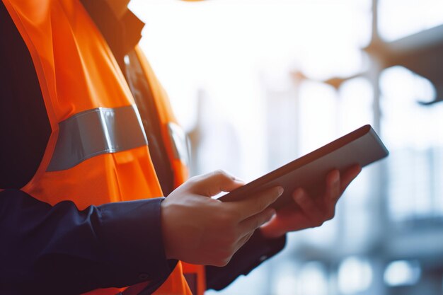 Photo l'ingénieur est debout sur un chantier de construction et tient une tablette