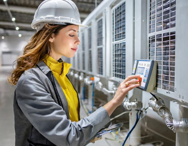 Photo ingénieur exploitant un système de climatisation à ventilation et à chauffage hvac avec panneau de commande informatisé