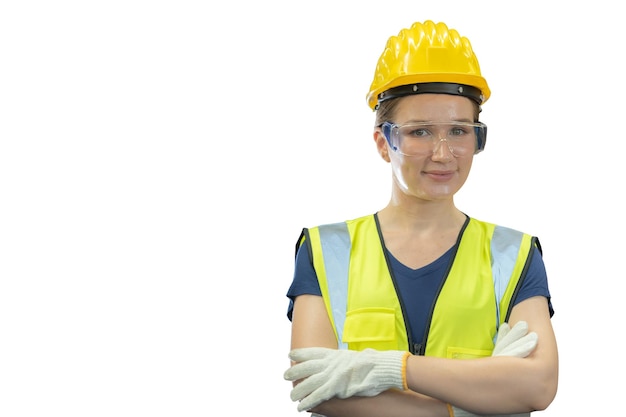 Ingénieur femme bras croisés confiant travailleur de l'industrie Lady avec uniforme de sécurité isolé sur fond blanc