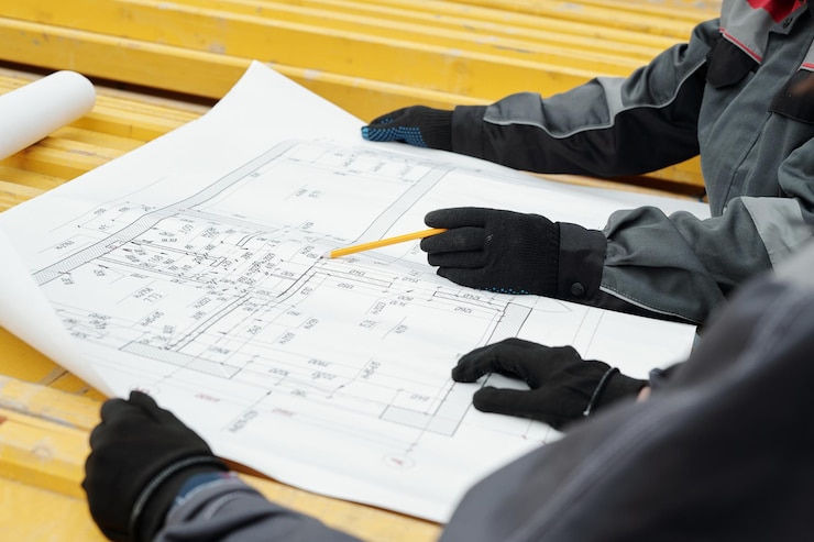 Photo ingénieur en gants et vêtements de travail tenant un crayon tout en pointant sur le croquis