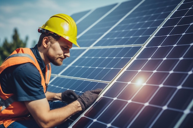 Ingénieur généré par IA homme travaillant avec des panneaux solaires éoliennes sur fond de ciel bleu