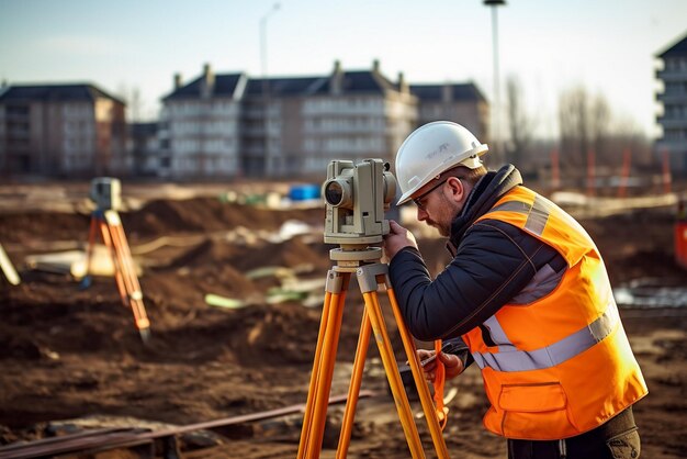 Ingénieur géomètre-constructeur avec équipement de transit théodolite sur le chantier de construction