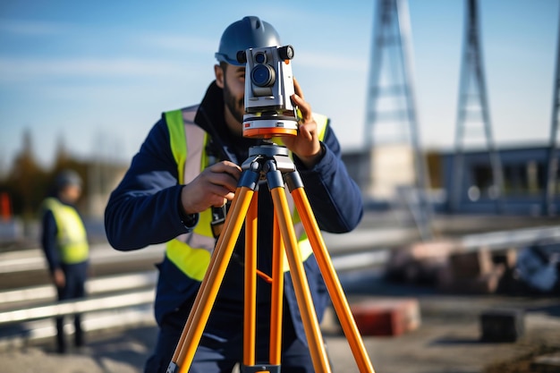 L'ingénieur géomètre mesure le niveau sur le chantier Les géomètres s'assurent de mesures précises avant d'entreprendre de grands projets de construction