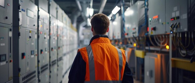 Un ingénieur en gilet de haute visibilité inspecte l'équipement électrique