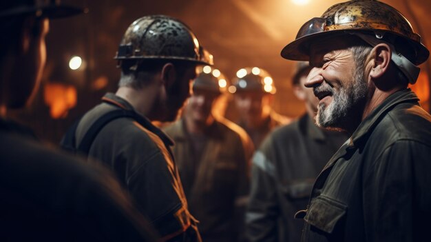 Un ingénieur en gros plan s'entretient avec un groupe de travailleurs dans la mine.