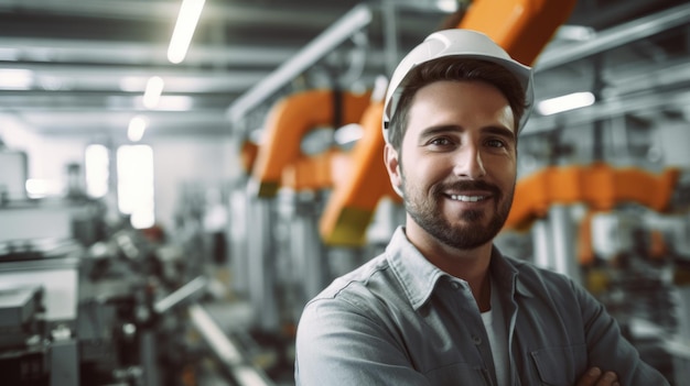 Ingénieur hispanique souriant debout à l'intérieur de l'usine intelligente avec bras robotisé regardant la caméra avec un arrière-plan flou Generative AI AIG20