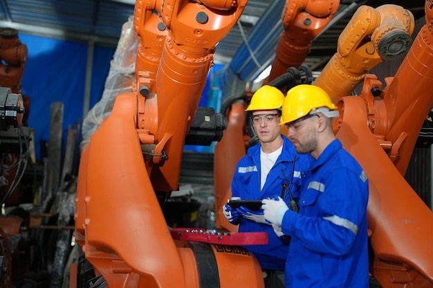 Ingénieur Homme travaillant au robot industriel dans la robotique industrielle d'usine et l'opération de fabrication numérique