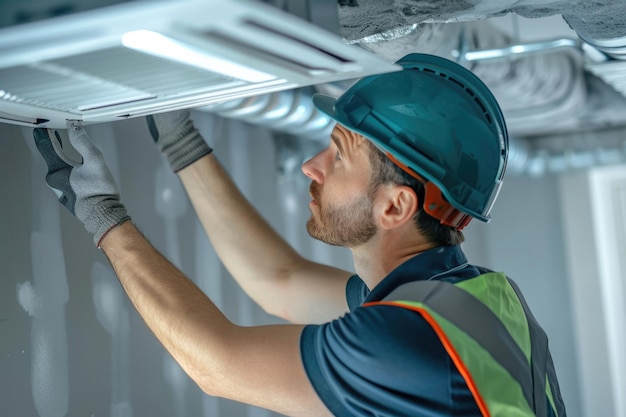 ingénieur HVAC installer un système de ventilation à récupération de chaleur pour l'espace de copie de la nouvelle maison