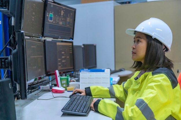 Ingénieur informaticien sur des ordinateurs hautes performances avec beaucoup d'écrans dans une grande usine Contrôler le fonctionnement de grosses machines Écrire un programme pour faire fonctionner le robot Programmeur travaillant avec sérieux