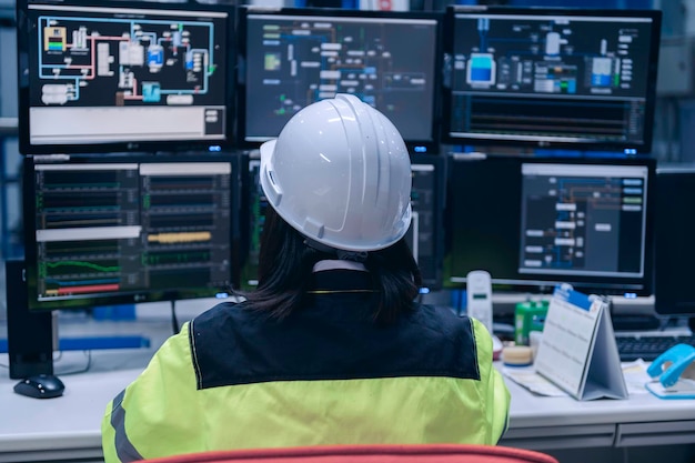 Ingénieur informaticien sur des ordinateurs hautes performances avec beaucoup d'écrans dans une grande usine Contrôler le fonctionnement de grosses machines Écrire un programme pour faire fonctionner le robot Programmeur travaillant avec sérieux