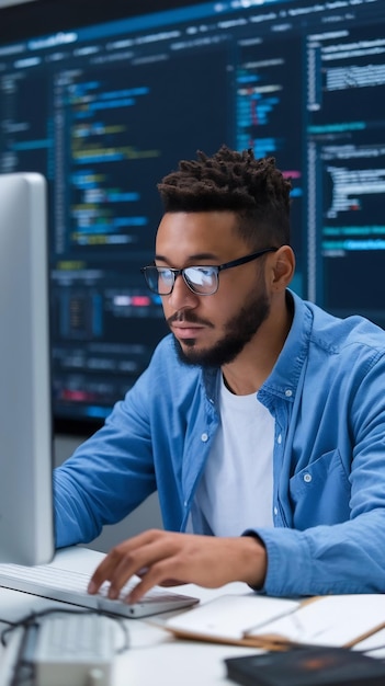 Ingénieur informatique afro-américain programmant une interface en code binaire en utilisant le script CSS HTML et l'encryption