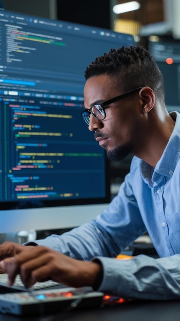 Ingénieur informatique afro-américain programmant une interface en code binaire en utilisant le script CSS HTML et l'encryption