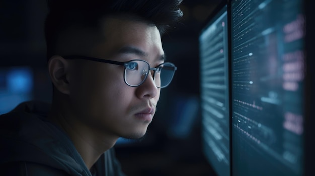 Ingénieur en informatique Homme Jeune adulte asiatique Développer des logiciels et des programmes de codage pour de nouveaux produits technologiques IA générative AIG22