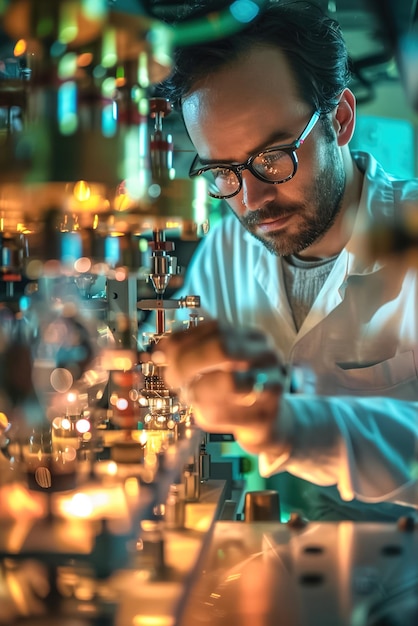 Ingénieur en informatique quantique calibrant des qubits dans un laboratoire sophistiqué réglant finement un algorithme quantique