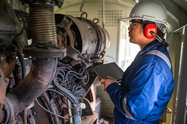 Ingénieur inspectant de grandes machines dans une usine Technicien d'entretien de moteurs ferroviaires Manager mécanique de réparation de moteurs