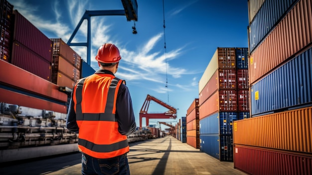 Un ingénieur inspecte la cargaison dans un parc à conteneurs Global Logistics