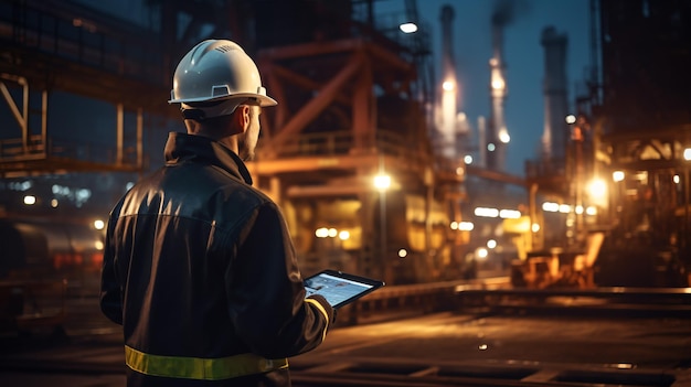 Un ingénieur inspecte la construction d'un chemin de fer de fret de pétrole à l'aide d'une tablette dans une gare vêtu d'un équipement de sécurité