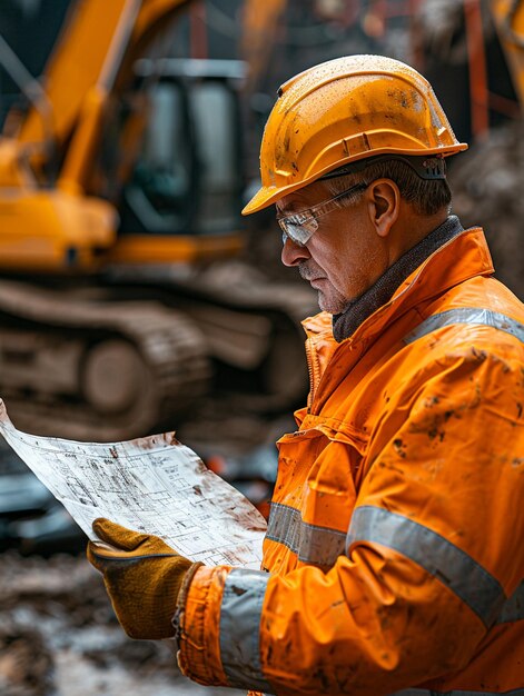 Un ingénieur inspecte des plans détaillés alors qu'il se tient au milieu de machines lourdes