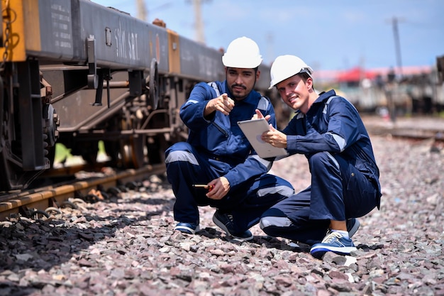 Ingénieur en inspection et contrôle du processus de construction ferroviaire et contrôle des travaux sur la gare Ingénieur portant un uniforme de sécurité et un casque de sécurité au travail