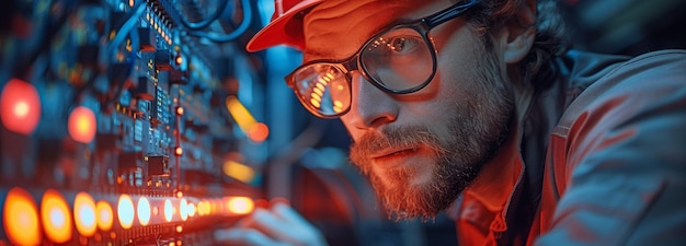 Photo un ingénieur installant des fils de fibre optique et une connexion internet