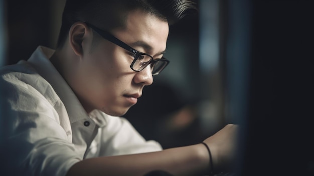 Photo ingénieur logiciel jeune adulte asiatique masculin tapant sur un ordinateur portable dans office generative ai aig22