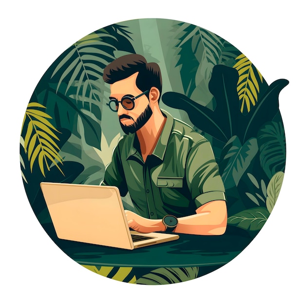 un ingénieur logiciel réfléchi travaillant sur un ordinateur portable dans une jungle dense une illustration 2D plate entourée d'un cercle sur un fond blanc le concept de travail à distance indépendant travail à distance vie en ligne