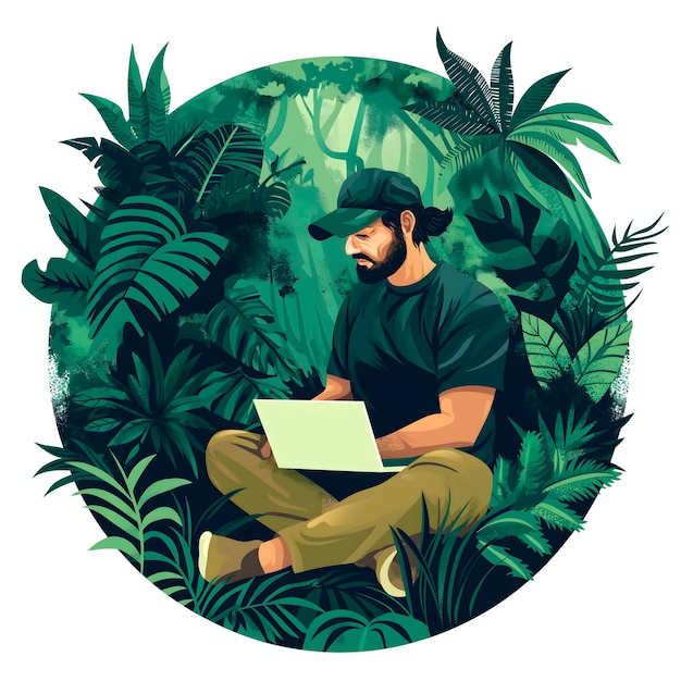 un ingénieur logiciel travaillant sur un ordinateur portable dans une jungle dense une illustration 2D plate entourée d'un cercle sur un fond blanc le concept de travail à distance freelance travail à distance vie en ligne