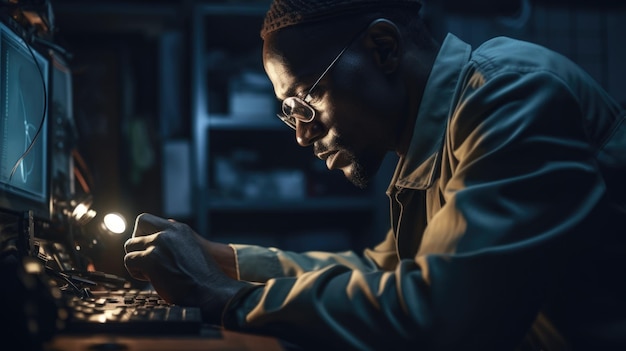 Ingénieur mâle afro-américain mature travaillant sur un ordinateur en laboratoire IA générative AIG22