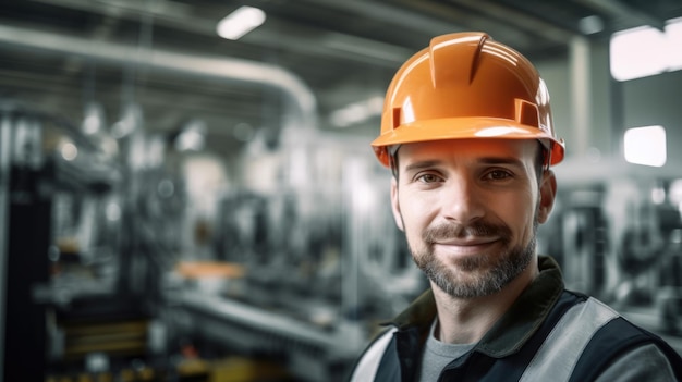 Ingénieur mâle blond souriant debout à l'intérieur de l'usine intelligente avec bras robotique regardant la caméra avec un arrière-plan flou Generative AI AIG20