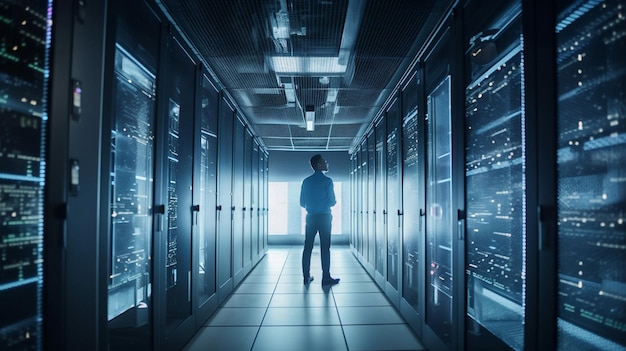 Ingénieur Manager Connecting Data Center on Global Networking in Server Room of Storage Systems and Data Connect on Internet Network Business Generative AI