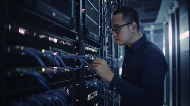 Ingénieur Manager Connecting Data Center on Global Networking in Server Room of Storage Systems and Data Connect on Internet Network Business Generative AI