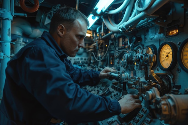 Un ingénieur de marine sélectionne des outils pour la salle de contrôle des moteurs.