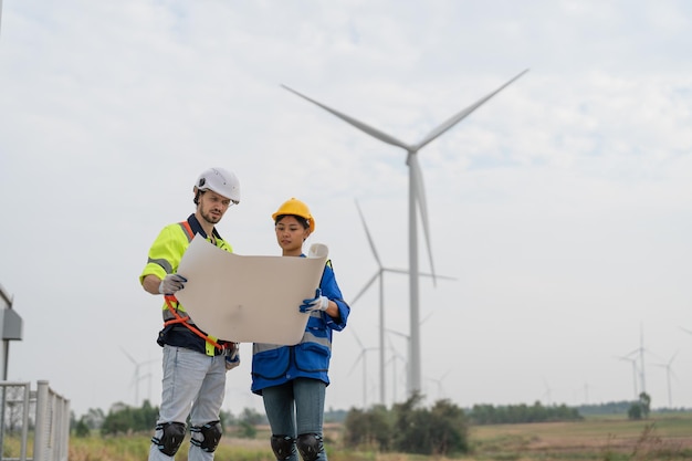 Ingénieur masculin et féminin utilisant un ordinateur portable discutant pour l'inspection de l'éolienne dans le parc éolien