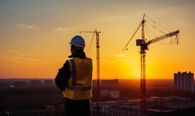 Ingénieur masculin en gilet et fût de sécurité se tient dos à la caméra Un professionnel du bâtiment regarde le paysage urbain du haut au coucher du soleil Grues de construction en toile de fond AI générative