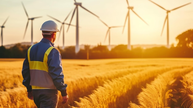 Ingénieur masculin à un moulin à vent pour produire de l'électricité