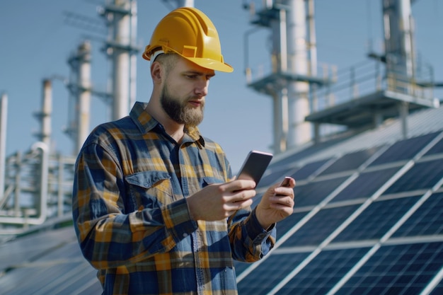 Ingénieur masculin programmant des panneaux solaires via une application de téléphone intelligent dans une centrale électrique