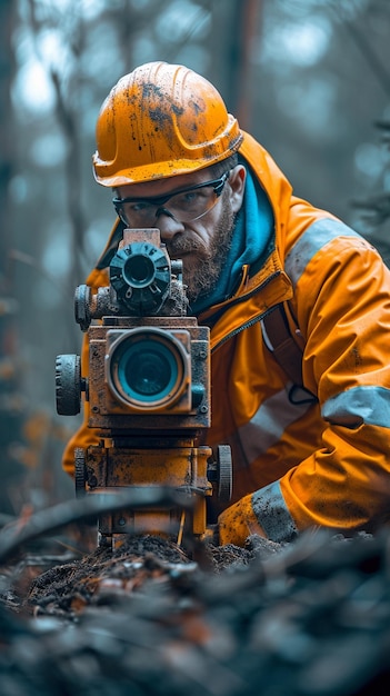 Ingénieur masculin travaillant avec une équipe d'arpenteurs et utilisant un équipement de mesure de niveau laser