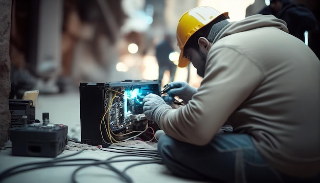 Un ingénieur masculin travaille à l'extérieur pour réparer une liaison fibre optique AI Generative