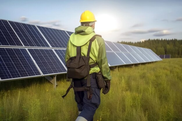 Ingénieur méconnaissable sur le terrain avec une centrale solaire