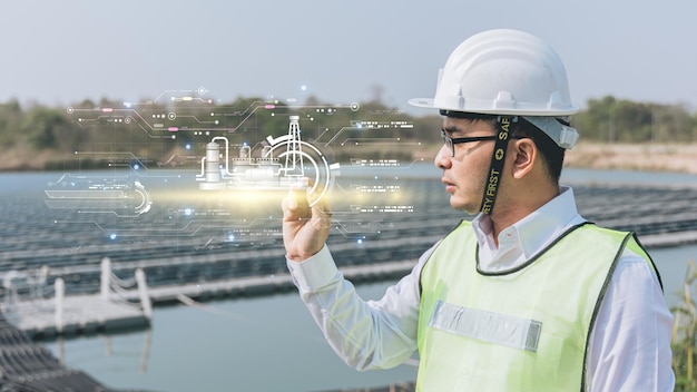 Ingénieur pointant le doigt ou la main avec une icône d'énergie avec une cellule solaire